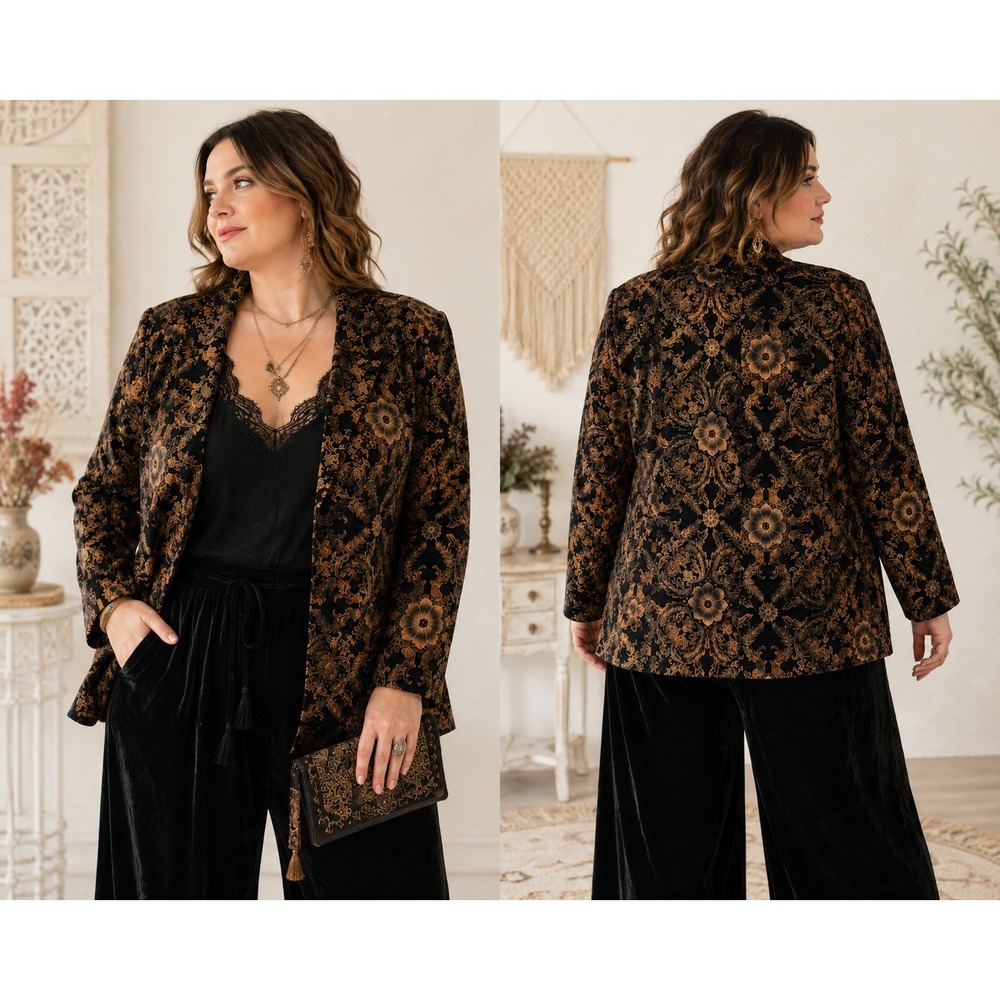 Boho Whimsigoth Elegant Black Velvet Bronze Damask Floral Metallic XL Jacket